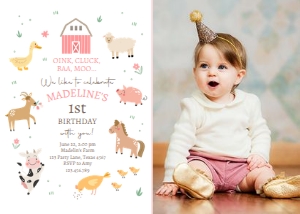Birthday Invitation Farm Simple Pink White 0436 Photo design preview