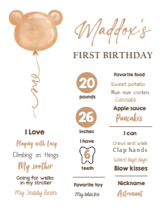 Birthday Milestone Sign One Bear Balloon 0439 design preview
