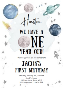 Invitation Space Planets Boy Houston One Year White Silver v3 design preview