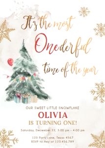 Birthday Invitation Winter Tree It's the Most Onederful Time Red Gold 0363 design preview