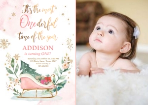 Birthday invitation Most Onederful time of the Year Sleigh Pink Photo 0353 design preview