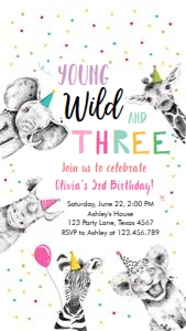 Birthday Invitation Wild Three Animals Black and White Pink Vertical No Leaves Phone 0390 design preview