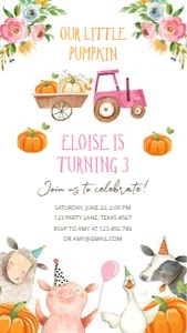 Birthday invitation Farm Animals Girl Pumpkin Phone 0155: Birthday invitation Farm Animals Girl Pumpkin Phone 0155