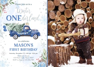 Winter Onederland Invitation Blue Truck - Photo 0356 design preview