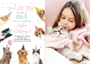 Birthday Invitation Pawty Dogs and Cats Pink 0384 Photo design preview