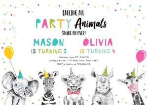 Birthday Invitation Party Animals Combined Joint Girl Boy No Leaves 0390 design preview