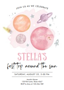Invitation Space Planets Girl White Pink Orange 0357 design preview