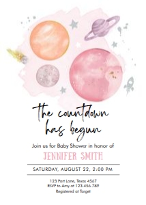 Baby Shower Invitation Space Planets Countdown Girl Pink Orange 0357 design preview