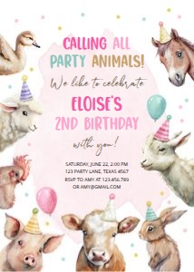Birthday Invitation Party Animals Farm Pink 0448 design preview