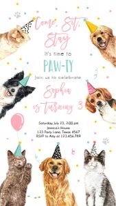 Birthday Invitation Pawty Dogs and Cats Pink 0384 Phone design preview