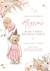 Birthday Invitation Bear Pink Beary First 0421 design preview