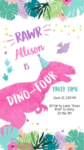 Birthday Invitation Dinosaur Four Vertical Pink 0423 Phone design preview