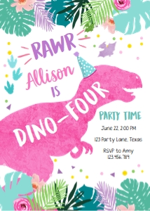 Birthday Invitation Dinosaur Four Vertical Pink 0423 design preview