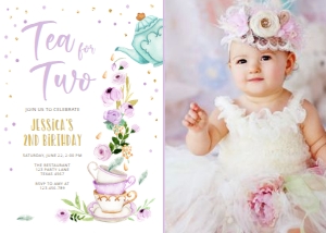 Birthday invitation Tea for Two White Purple 0349 Photo design preview