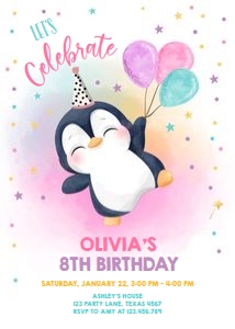 Birthday Invitation Penguin Girl 0372 design preview