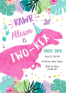 Birthday Invitation Dinosaur Two Rex Vertical Pink 0423 design preview