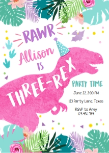 Birthday Invitation Dinosaur Three Rex 2 Vertical Pink 0423 design preview