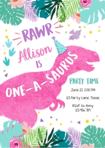 Birthday Invitation Dinosaur One-A-Saurus Vertical Pink 0423 design preview