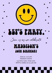 Birthday Invitation Let's Party Smiley Purple 0456 design preview