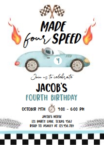 Birthday Invitation Race Car Blue Need Four Speed 0424 design preview