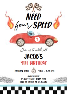 Birthday Invitation Race Car Red Need Four Speed 0424 - Photo Back design preview
