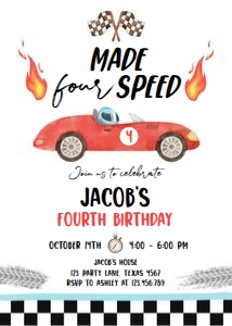 Birthday Invitation Race Car Red Need Four Speed 0424 design preview