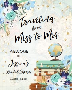 Welcome Sign Miss to Mrs Floral Blue Map Vertical 0030 design preview