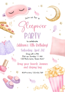 Birthday Invitation Sleepover Pink White Pizza 0447 design preview