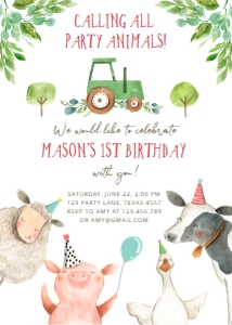 Birthday Invitation Farm Animals Green Tractor Boy Vertical 0155 design preview
