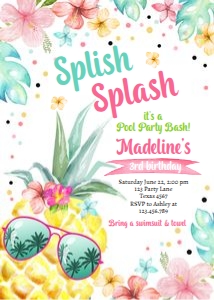 Birthday Invitation Hawaiian Luau Pineapple Splish Splash White 0391 design preview