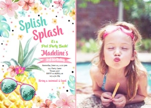 Birthday Invitation Hawaiian Luau Pineapple Splish Splash White 0391 - Photo design preview