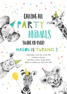 Birthday Invitation Party Animals Black and White Boy Vertical No Leaves 0390 design preview