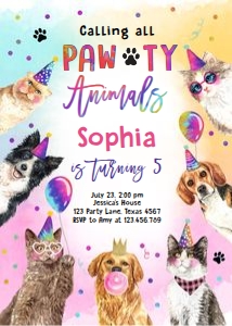 Birthday Invitation Pawty Animals Cats and Dogs 0460 design preview