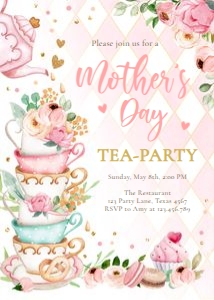 Mothers Day Tea Party Invitation Vertical Pink V4 0349 design preview