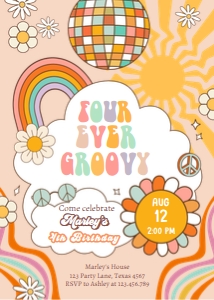 Invitation Birthday Four Ever Groovy Sun Retro 0459 design preview