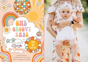 nvitation Birthday One Groovy Babe Sun Retro 0459 - Photo design preview