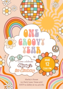 Invitation Birthday One Groovy Year Sun Retro 0459 design preview