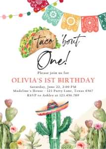 Birthday Invitation Taco Bout One Cactus Watercolor 0404 design preview