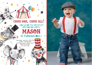 Birthday Invitation Circus Animals Neutral Vertical White Photo design preview