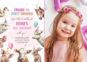 Birthday Invitation Party Animals Farm Pink Photo 0448 design preview