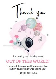 Thank You Card Space Balloons Girl White 0366 design preview