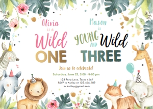 Birthday Invitation Safari Animals Party Hats Dual Birthday Girl Wild One Boy Wild Three 0163 design preview