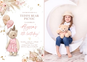 Birthday Invitation Bear Picnic Pink Photo 0421 design preview