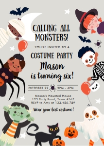 Invitation Halloween Costume Kids Grey Calling All Monsters Vertical 0473 design preview