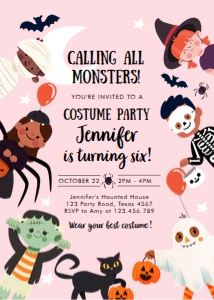 Invitation Halloween Costume Kids Pink Calling All Monsters Vertical 0473 design preview