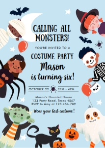Invitation Halloween Costume Kids Blue Calling All Monsters Vertical 0473 design preview