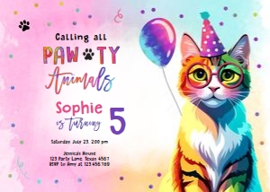 Birthday Invitation Cat Party Animals 0476 Horizontal design preview