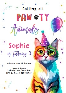 Birthday Invitation Cat Party Animals White 0476 design preview