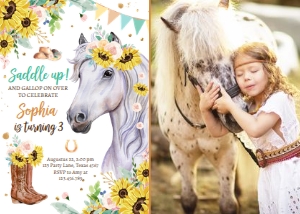 Birthday Invitation Horse Sunflowers White Photo 0408 design preview