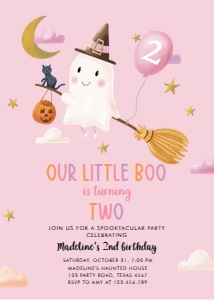 Birthday Invitation Little Boo Turning Two Ghosts Pink Background 0479 design preview